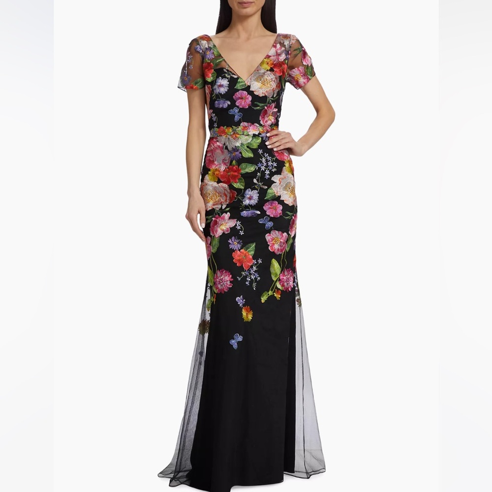 NWT Marchesa Notte Floral Embroidered Tulle Lace-up Gown